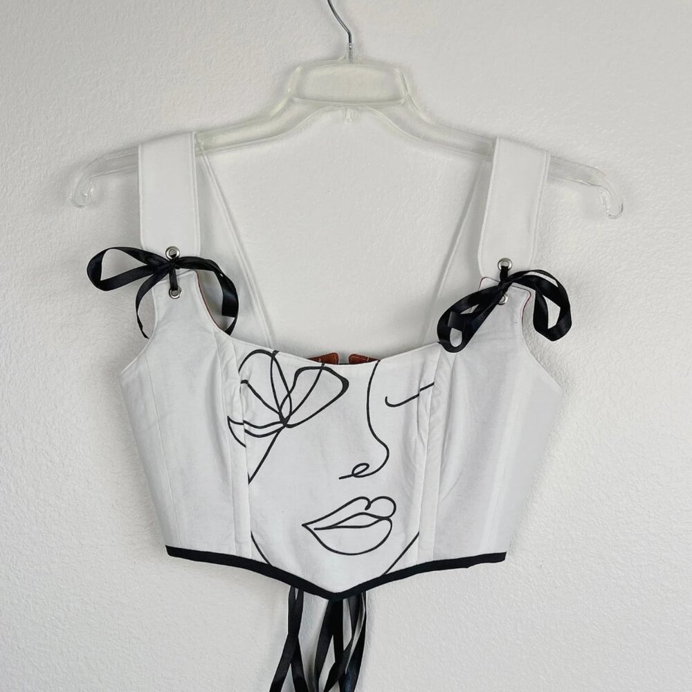 Handcrafted Minimalist Line Art Corset Top – White and Black Lace‑Up Bustier